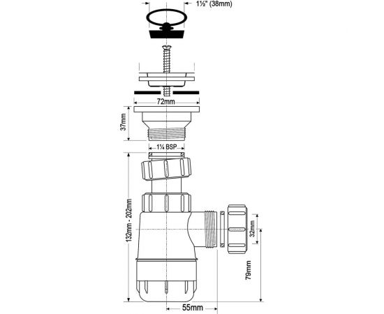 Бутылочный сифон McAlpine 1 1/4""x32 мм, с выпуском 60 мм, нержавеющая решетка, пробкой MRW2L – изображение 4