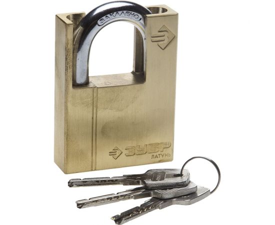 Навесной замок ЗУБР ЭКСПЕРТ латунный корпус закаленная дужка с доп.защитой 60мм 37297-60 