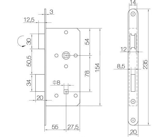 Корпус замка DOORLOCK DL403/55 WC78 M полированная латунь, реверсивный 75314 – изображение 4