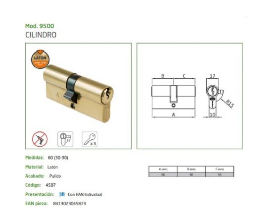 Цилиндровый механизм Amig полированная латунь, 30x30, ключ/ключ 9500-60 – изображение 2