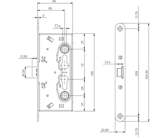 Корпус огнестойкого замка Doorlock DL 1901/65 мм, PZ ZN front 24x235, DIN, антипаник, симметр. 75400 – изображение 2
