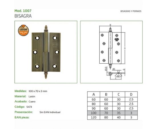 Петля Amig латунь антик D-левая 1007-100х70 A (D) – изображение 2