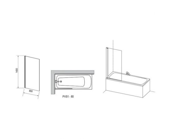 Перегородка (шторка, ширма) на борт ванны неподвижная Ravak PVS1-80 профиль блестящий, прозрачное стекло 79840C00Z1 00000042903 – изображение 3