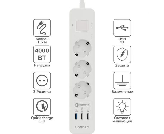 Удлинитель с USB зарядкой HARPER UCH-340 White QC3.0 H00002821 – изображение 7
