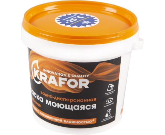 Интерьерная водно-дисперсионная моющаяся латексная краска KRAFOR супербелая 1.5 кг 42164 