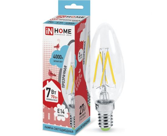 Светодиодная лампа IN HOME LED-СВЕЧА-deco 7Вт 230В Е14 4000К 630Лм прозрачная 4690612007618 