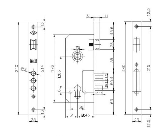 Корпус врезного замка с защёлкой KALE KILIT 152/3MR (45 мм) w/b латунь 1081 – изображение 2