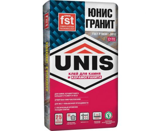 Плиточный клей UNIS Юнис-Гранит 25 кг, класс C1TE 24670 4607005180018 