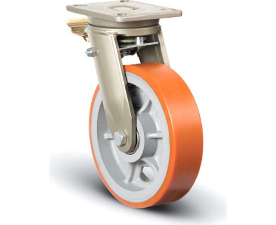 MFK-TORG Колесо полиуретановое сверхмощное поворотное с тормозом 300 мм EV01 VBP 300 F диск-чугун 