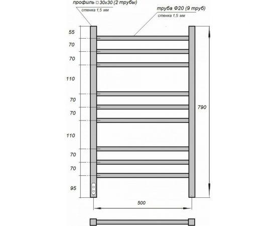 Point Полотенцесушитель электрический П9 500x790 диммер слева, черный PN70758B – изображение 3