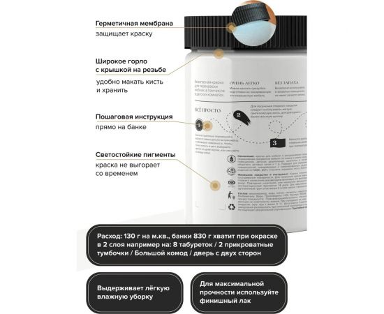 Краска для мебели и декора ATURI Design Меловой бархат mia белоснежный, 0.83 кг T1-00010849 – изображение 5
