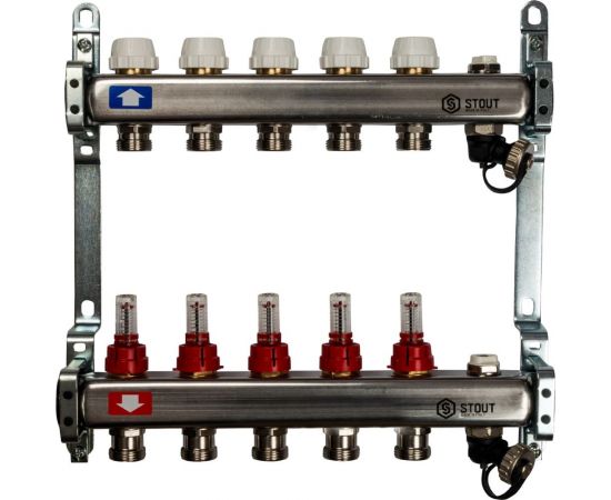 STOUT Коллектор из нержавеющей стали с расходомерами, с клапаном вып. воздуха и сливом 5 вых. SMS-0927-000005 RG008Q1TNMQ4N7 