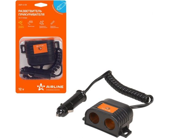 Прикуриватель-разветвитель на 2 гнезда с витым шнуром Airline ASP-2-05 