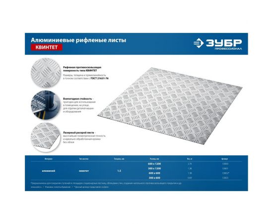 Алюминиевый рифленый лист ЗУБР Квинтет 600x1200x1.5 мм 53830 – изображение 7