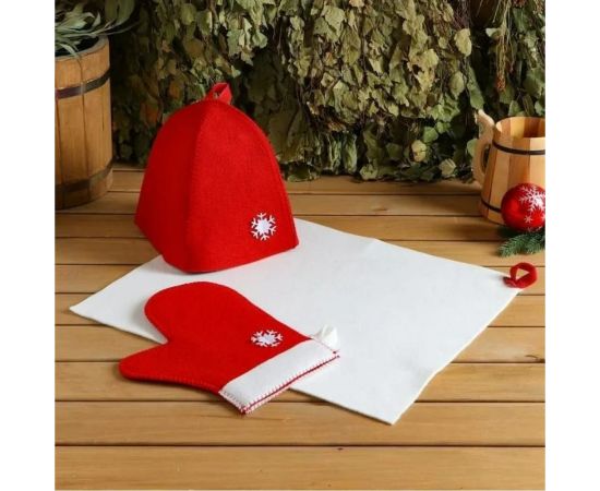 Подарочный банный набор Никитинская мануфактура Зимушка красный, шапка, рукавица, коврик ХВ5859 