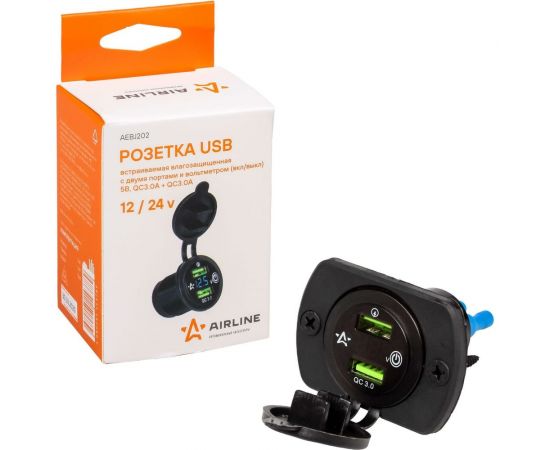 USB-розетка Airline встраиваемая, влагозащищенная, с 2 портами и вольтметр AEBJ202 