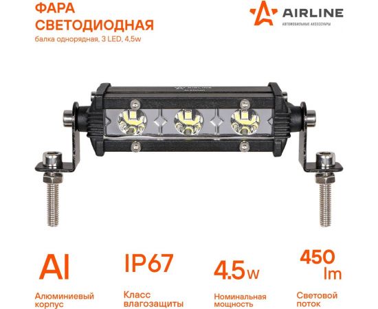 Светодиодная фара (балка) однорядная Airline 3 LED, направленный свет, 4.5W, 108x30x47, 12/24V ALED060 – изображение 2
