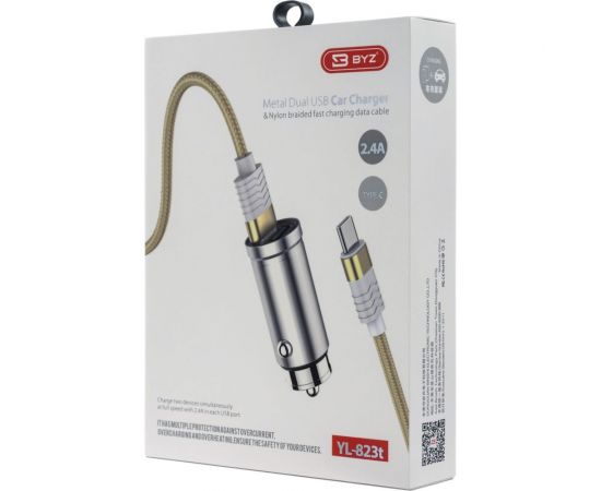 Автомобильное зарядное устройство BYZ 2хUSB-А, 2.4 А, кабель BL-695 AM-Type-C, серебро 23750-YL-823St – изображение 7