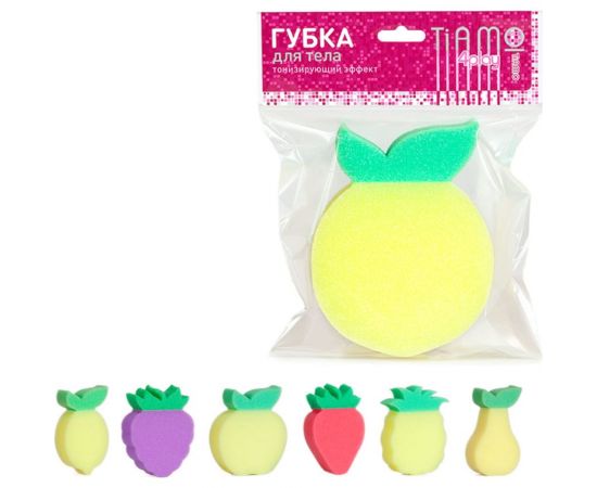 Губка для тела TIAMO 4Play ФРУКТЫ плоская однослойная 13470 