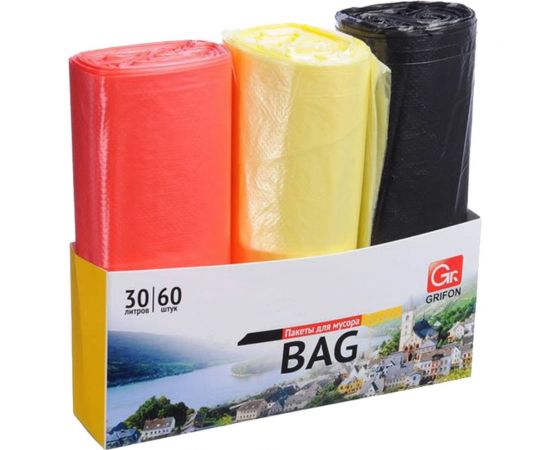 Пакеты для мусора 30 л, 20 шт в рулоне, 3 рулона GRIFON 101-024 