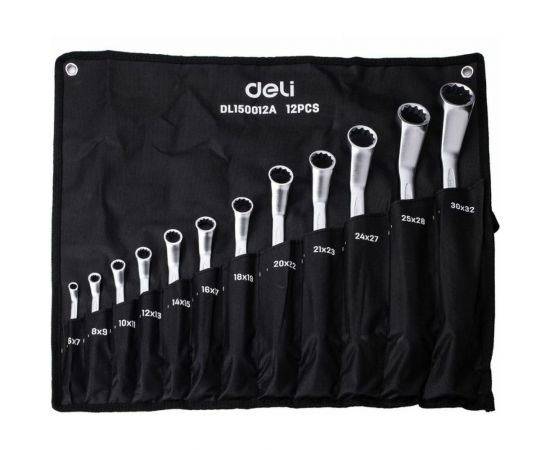 Набор накидных изогнутых гаечных ключей DELI DL150012А матовая поверхность, чехол из ткани oxford, 12 шт. 104511 
