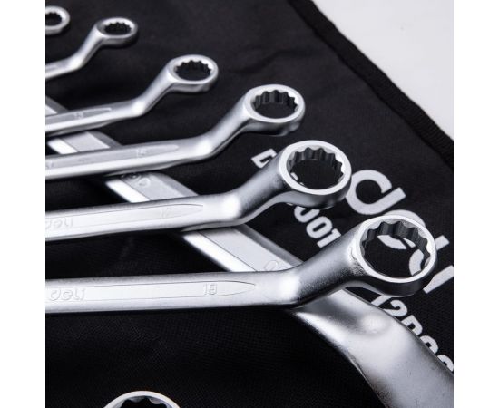 Набор накидных изогнутых гаечных ключей DELI DL150012А матовая поверхность, чехол из ткани oxford, 12 шт. 104511 – изображение 3