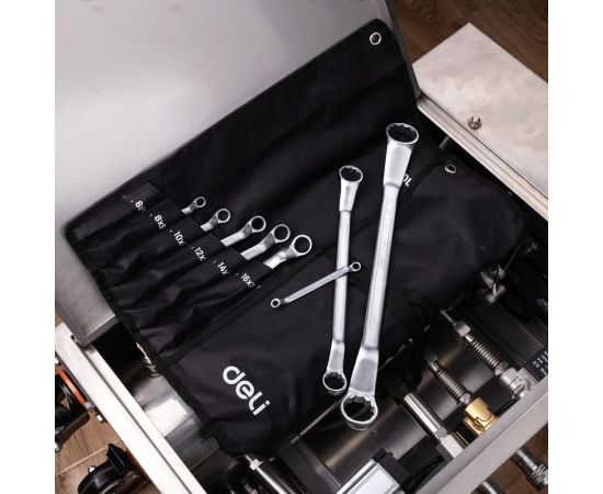 Набор накидных изогнутых гаечных ключей DELI DL150012А матовая поверхность, чехол из ткани oxford, 12 шт. 104511 – изображение 4