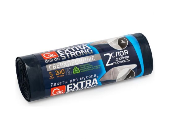 Пакеты для мусора EXTRA STRONG 240 л, 5 шт в рулоне GRIFON 101-078 