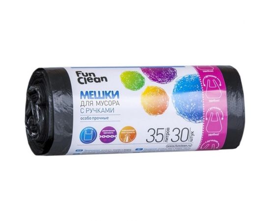 Мешки для мусора ""Особо прочные"" 35 л, 30 шт, черные, с ручками, ролик Fun Clean 7499 