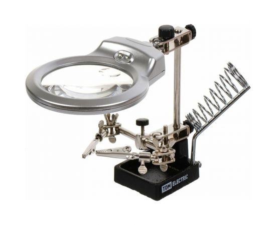 Держатель для пайки многофункциональный ДПМ Алмаз 2 зажима крокодил, лупа с LED подсветкой, 3хААА TDM SQ1025-0706 