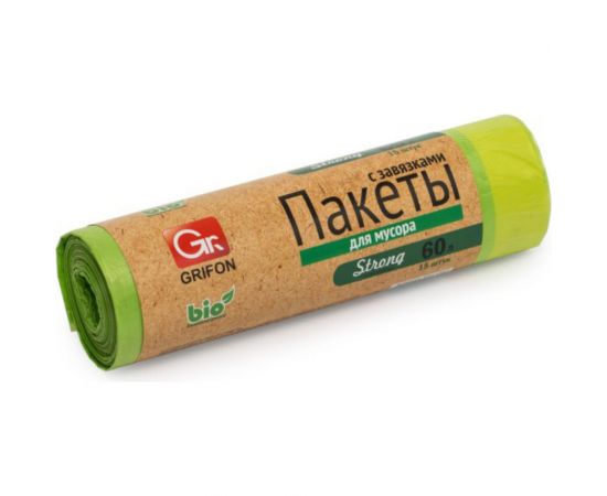 Пакеты для мусора с завязками 60 л, 15 шт в рулоне GRIFON 101-082/2 