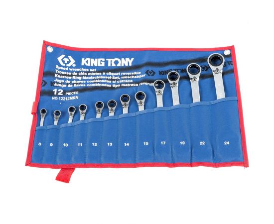 Набор комбинированных трещоточных ключей (8-24 мм, чехол из теторона, 12 предметов) KING TONY 12212MRN 