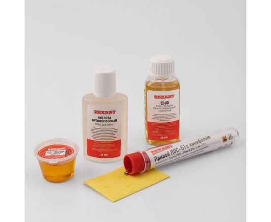Набор для пайки К5 припой, губка, канифоль, флюс СКФ, флюс ОК REXANT 09-3745 – изображение 2