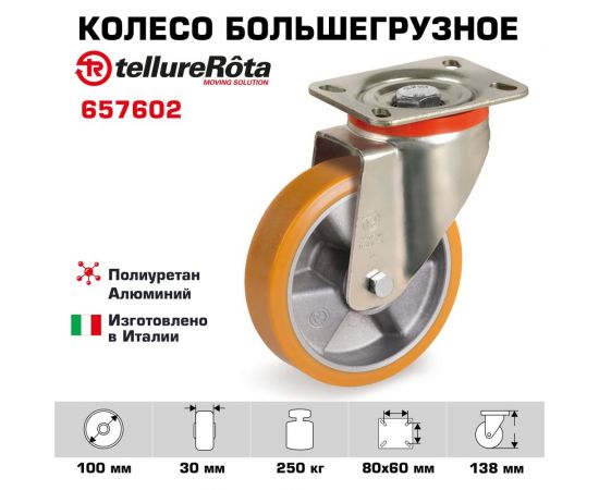 Колесо с вращающейся опорой и пластиной крепления (100 мм; 250 кг) Tellure rota 657602 – изображение 2