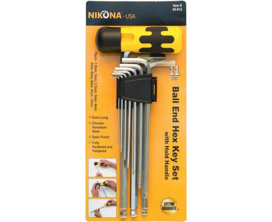 Набор шестигранных ключей NIKONA с Т-образной рукояткой, пластиковый держатель, в блистере, 11шт, 1,5-10мм 04-914 
