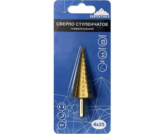 Сверло ступенчатое 4-25 мм, 11 ступеней vertextools 4-25 