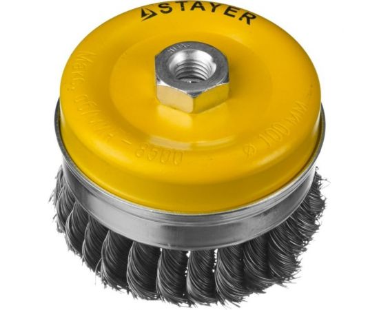 Щетка чашечная усиленная PROFESSIONAL (100 мм; М14; плетеные пучки проволоки 0.5 мм) для УШМ STAYER 35137-100 