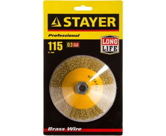 Щетка коническая PROFESSIONAL (115 мм; М14; витая стальная латунированная проволока 0.3 мм) для УШМ STAYER 35133-115 – изображение 2