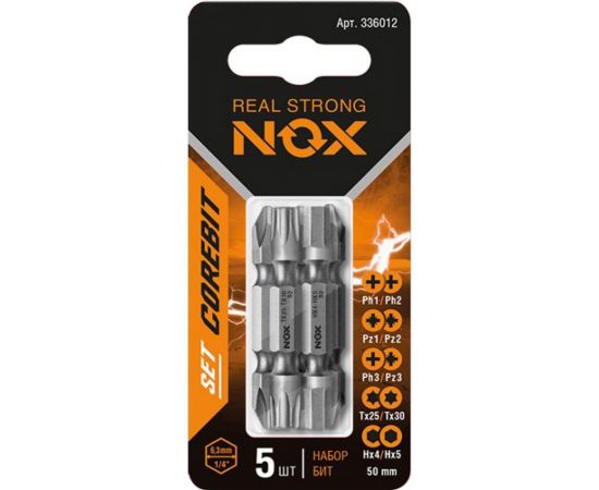 Набор бит двухсторонних (5 шт; Ph1xPh2, Pz1xPz2, Ph3хPz3, Tx25xTx30, Hex4xHex5; 50 мм; карта) NOX 336012 