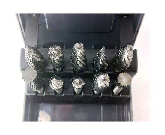 Набор бор-фрез твердосплавных из 10 шт. (A10,C10,D10,E12,F12,G12,J10,L12,M12,N10) х 6 мм Х-образная насечка Sekira 00-00018050 – изображение 4