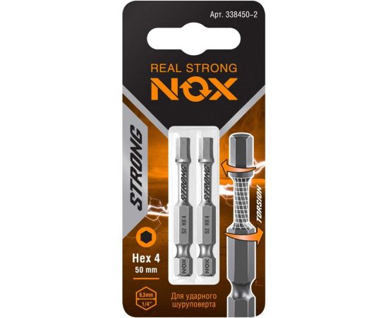 Бита торсионная STRONG (2 шт; HEX4х50 мм; карта; E6.3) NOX 338450-2 