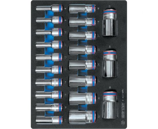 Набор глубоких торцевых головок (21 шт; 8-36 мм; 1/2""; 12-гранные) KING TONY 9-221MRV 