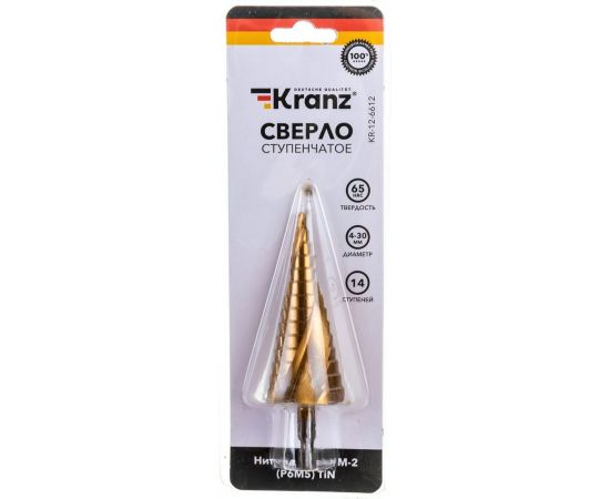 Сверло по металлу ступенчатое ТИТАН 4.0-30.0 мм, Р6М5 TiN KRANZ KR-12-6612 