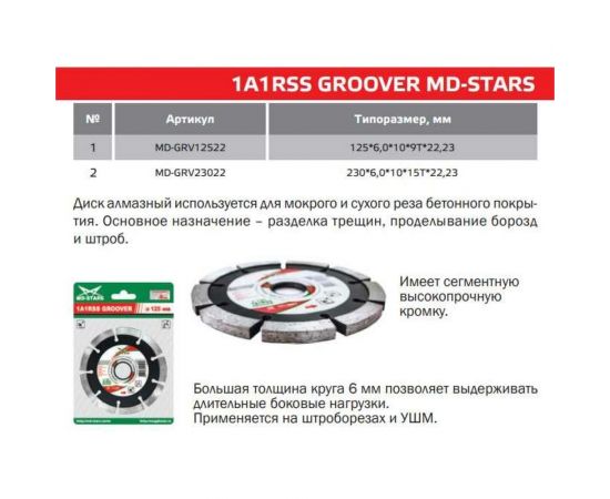 Диск алмазный 1A1RSS GROOVER (125х6х10х22.23 мм; 9T) MD-STARS MD-GRV12522 – изображение 3