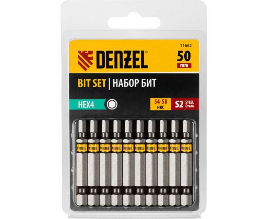Набор бит HEX4, 50 мм, сталь S2, шестигранный профиль, 10 шт Denzel 11662 
