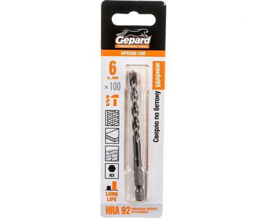 Сверло твердосплавное спиральное по бетону 6x100 мм, HRA 92 Gepard GP0226-100 