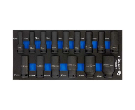 Набор ударных глубоких шестигранных головок 15 шт, 10-32 мм, 1/2"", ложемент EVA HOEGERT TECHNIK HT7G129 