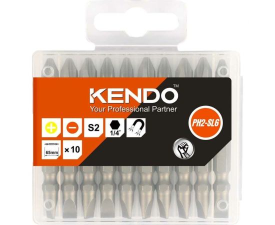 Набор двусторонних бит 10 шт, PH2/SL6, 65 мм KENDO 25404732 – изображение 2