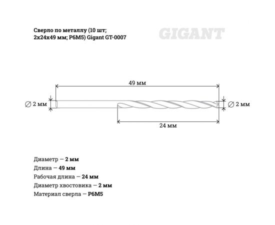 Сверло по металлу (10 шт; 2х24х49 мм; Р6М5) Gigant GT-0007 – изображение 4