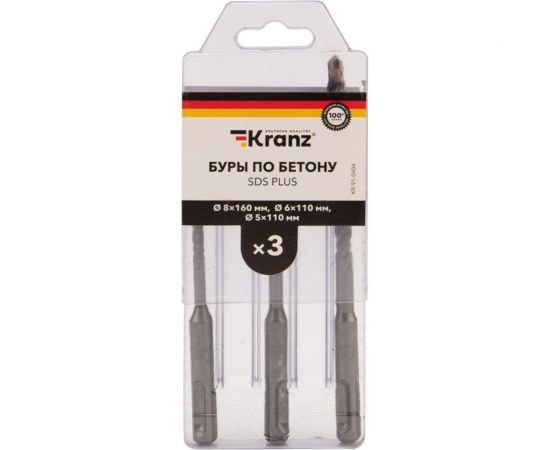 Набор буров по бетону 5x110 мм, 6x110 мм, 8x160 мм, 3 шт, SDS Plus KRANZ KR-91-0404 – изображение 5